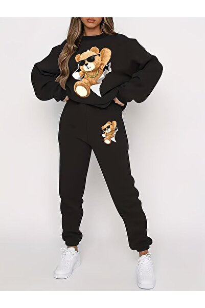 LELVANİ Bear with Black Glasses Printed Sweat Suit Set with Circular Neckline