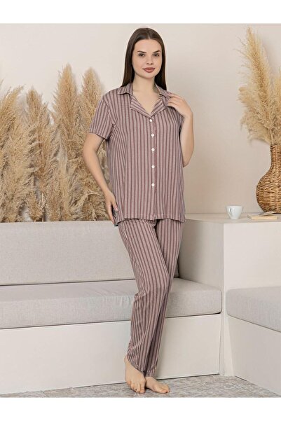 LİMİSSİ Ριγέ Σετ Πιτζάμες Ενηλίκων με Κουμπιά Μπροστά - Καφέ L / XXL