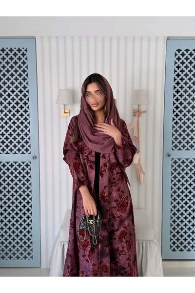 AYA MWT5007 - Maroon Abaya, Crepe Print, Half-Closet Cut