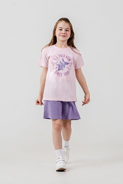 U.S. Polo Assn. طقم شورت وردي باهت للبنات