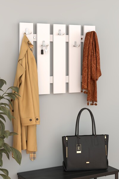 PROMODÜL Modern Beyaz Duvar Çit Askılık - 75 cm Dekoratif 5'li Antre ve Elbis...