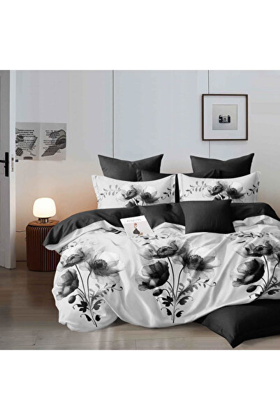 CumparaMisim Double bed linen, Finet, 6 pieces, White, Black, flowers