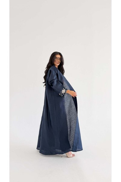 AYA MWT1028 - Linen abaya with embroidery and shantung insert