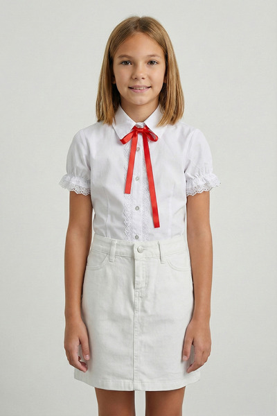 FATELLA Момичешка блуза с червена панделка и бяла дантела Бяла ленена пола 23...