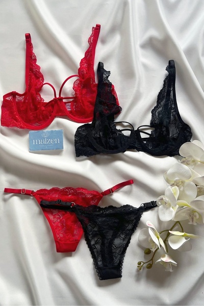 MAİZEN Women's Non-Padded Underwire Gathering Drawstring 2-Piece Lace Bra Set