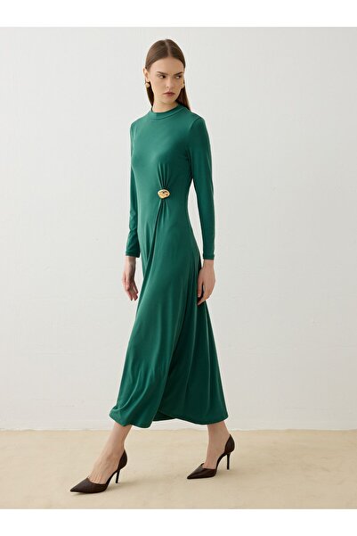Refka Sandy Fabric Draped Detailed Buckle Hijab Dress - Emerald Green -