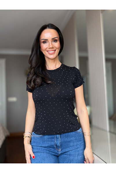 Atelier Derin Tricou negru din modal cu aplicații de pietre