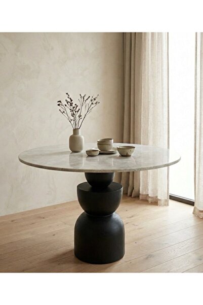 silla Concept Döküm Mermer Yuvarlak Üst Tablalı Boğum Ayaklı Siyah Ahşap Masa...