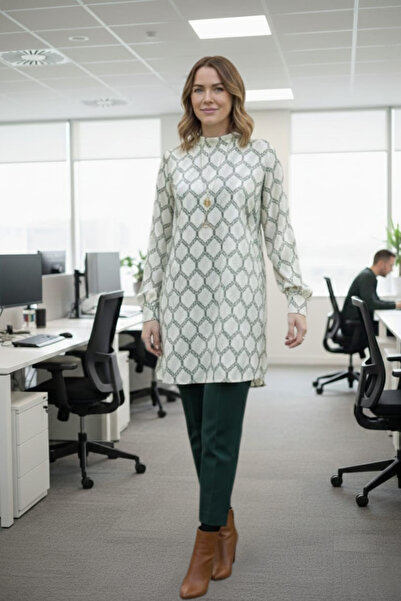 MİNUSA DESİGN Ecru High Neck Slit Viscose Geometric Patterned Side Gathered T...