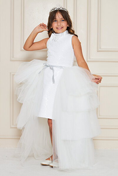 zühre balaban White Sequined Girls' Evening Dress with Detachable Tail