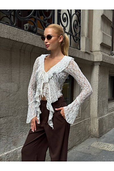 cemo Kadın V Yaka Bağlamalı Dantel Uzun Kollu Bluz