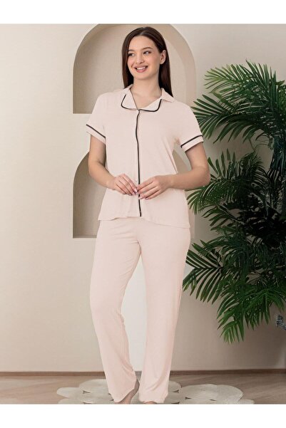 LİMİSSİ Σετ Πιτζάμες Ενηλίκων με Μπροστινό Κουμπί και Λεπτομέρειες - Μπεζ L /...