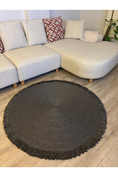 MaVaux Natura Antrasit Burgu Halat, Hasır Örgü Yuvarlak Saçaklı Jüt Kilim Doğ...