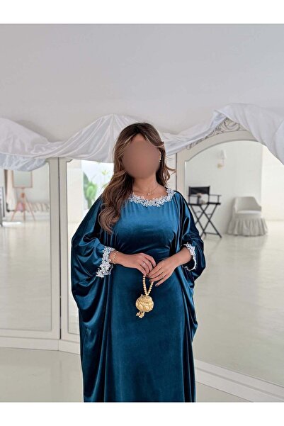 AYA MWJ035 - Blue stretch Velvet jalabiya with white rose trim