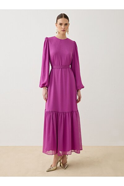 Refka Chiffon Fabric Waist-Tied Hijab Dress - Dark Rose