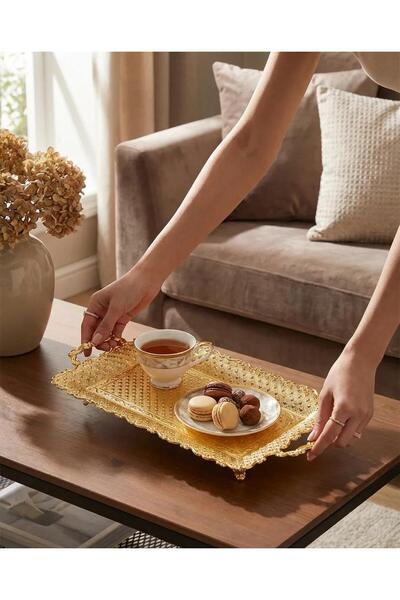 ArnaBella صينية زيلي دوكوم الذهبية المزخرفة مقاس 48x19 سم، موديل كبير للتقديم