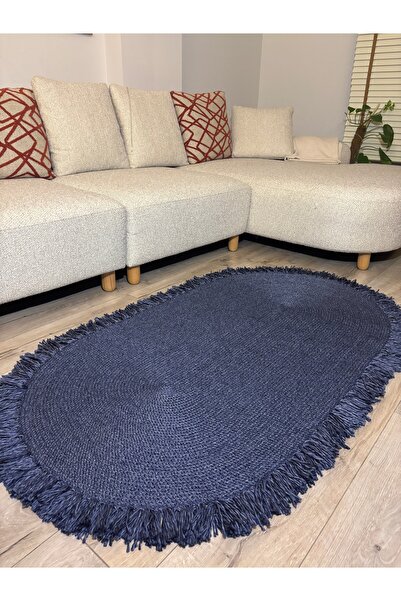 MaVaux Natura Nil Serisi Bambu Lacivert, Hasır Örgü Oval Saçaklı Jüt Kilim Do...
