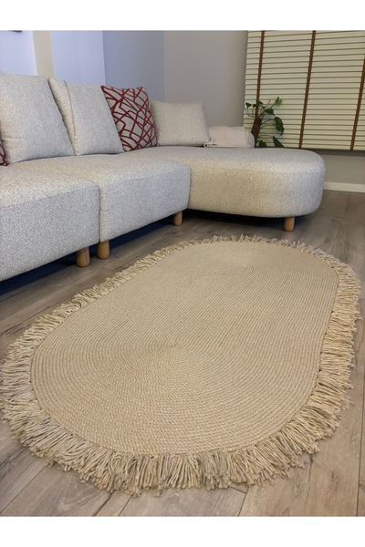MaVaux Natura Bej Burgu Halat, Hasır Örgü Oval Saçaklı Jüt Kilim Doğal El Yapımı