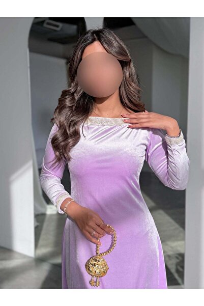 AYA MWJ031 - جلابية مخمل سترتش موف فاتح و شك كلفة