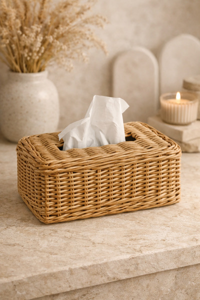 DİVAYS Rustic Rattan Knitted Napkin Holder Natural Handmade Wicker Design