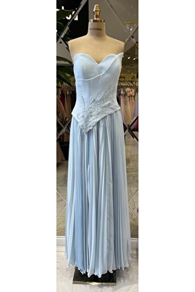 Hanımefendi Giyim Zarif Straplez Piliseli Uzun Abiye