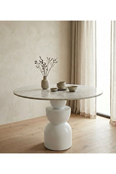 silla Concept Döküm Mermer Yuvarlak Üst Tablalı Boğum Ayaklı Beyaz Ahşap Masa...