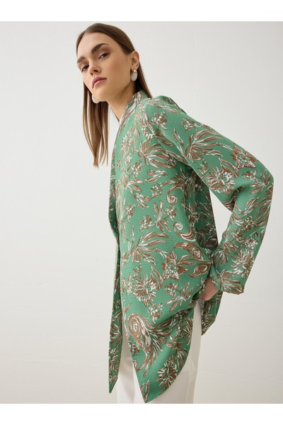 Refka كيمونو من قماش الكتان بأزرار - مزين بنقشة زهور خضراء -