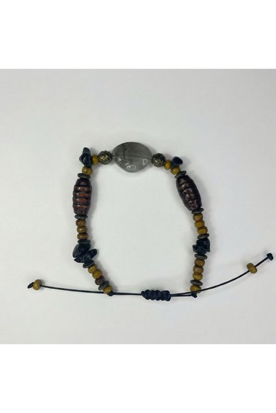 SWEATEE Ethnic Design Gray Onyx and Wooden Beaded Macrame Bracelet | |   Onyx Natural Stone