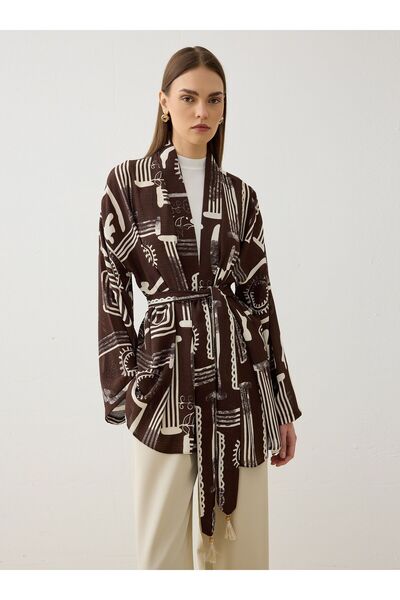 Refka Κιμονό με ζώνη από λινό ύφασμα - Καφέ με γεωμετρικό σχέδιο -