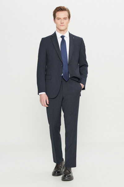 ALTINYILDIZ CLASSICS Slim Fit Mono Collar Patterned Flexible Navy Blue Suit w...