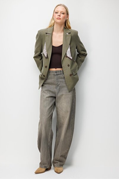 Mixray 4809 Women's Scarf Detailed Linen Blazer Jacket Khaki