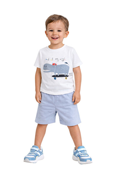 Victor and Jane Boys' 2pcs Cute Hippo Print Round Neck T-Shirt and Shorts Set
