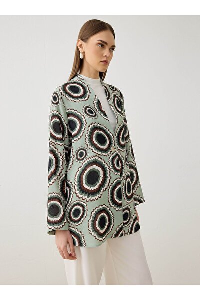 Refka Kimono cu nasturi din țesătură de in - cu model geometric verde -