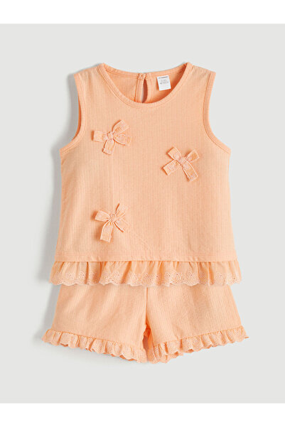 LC Waikiki Bluză și pantaloni scurți pentru fete cu fundă și volane Coral