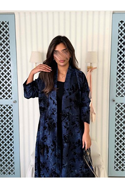 AYA MWT5005 - Navy Blue Abaya with Crepe Print, Half-Closet Cut