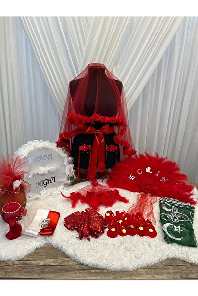 ecrin tuhafiye hobi Kırmızı 285 Parça Lüks Kına Gecesi Seti Gelin Damat Duvak...