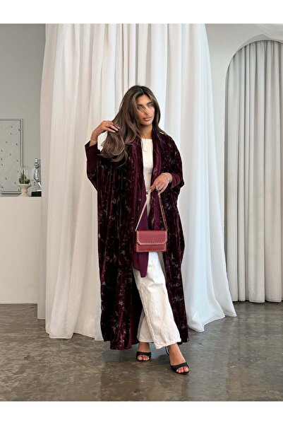AYA MWT996 - عباية مخملية عنابي نص بشت