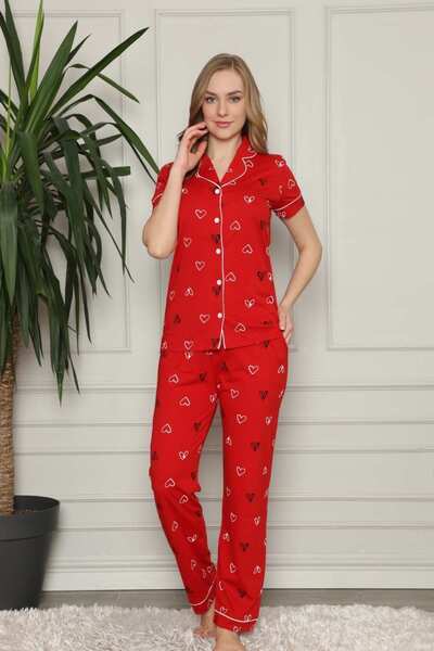 ALİMER Front Buttoned Women's Pajama Set - Red Heart Patterned Combed Cotton ...