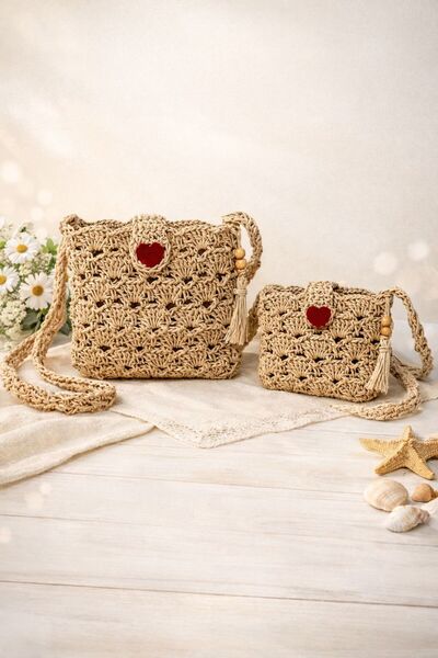 PİNKBAG Mother Daughter Combination Bag Set Hand Knitted Straw Shoulder Bag