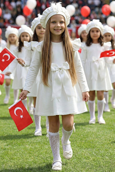 Parla Kids Момичешка кремава памучна коледна рокля „София” с панделка, шапка ...