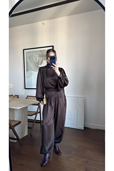 sinemkivanc co BAĞLAMALI SATEN BLUZ KUŞAKLI ŞALVAR PANTOLON TAKIM