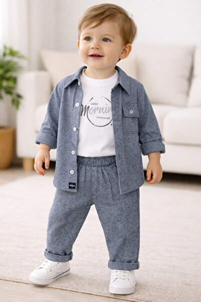 cluppollo Clup Polo 433-02-26 Baby Boy 3 Piece Set Shirt Printed T-Shirt Elas...