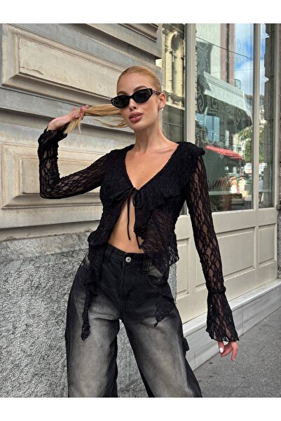 cemo Kadın V Yaka Bağlamalı Dantel Uzun Kollu Bluz