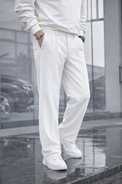 COMBİNE MİCHAİL Men's Double Pleated Loose White Baggy Trousers