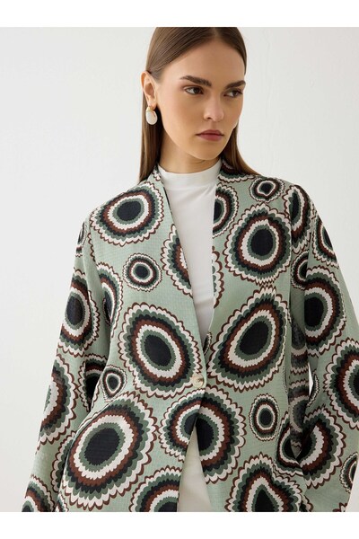 Refka كيمونو من قماش الكتان بأزرار - بنمط هندسي أخضر -