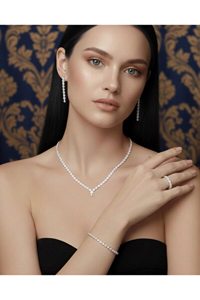 Happyline Gümüş Kaplama Beyaz Zirkon Taşlı Pırlanta Modeli Küpe Kolye Yüzük S...