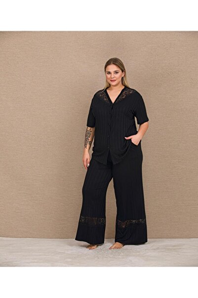 Lady Lingerie Short Sleeve Lace Detailed Buttoned Oversized Women's Pajama Set