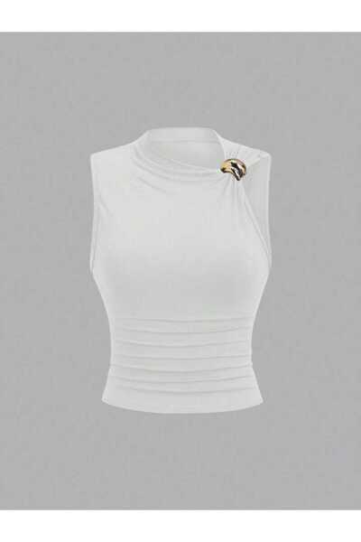 EVOA Women's White Blouse with White Gold Buckle, Asymmetrical Collar and Dra...