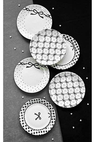 Erbaşlar Black Bow Luxury Ceramic Cake Set for 6 People Cake Plate (20 cm)