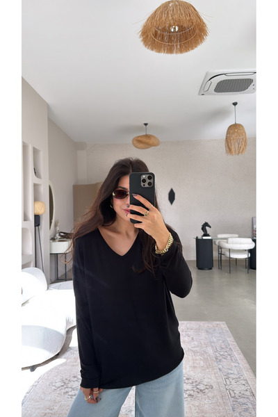 Buket Teke Black V-Neck Long Sleeve Imported Fabric Blouse